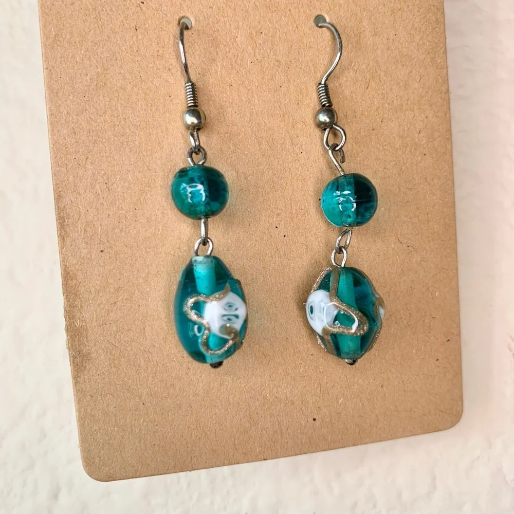 Green Bead with Gold Accent Drop Earrings - Picture 3 of 8